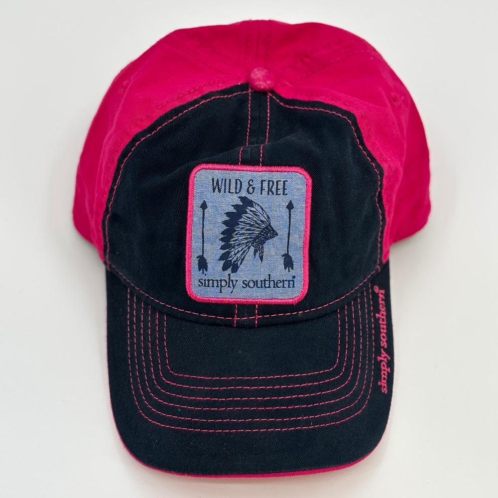 Simply Southern Baseball Cap Women One Size Pink Navy Wild & Free Patch Hat
